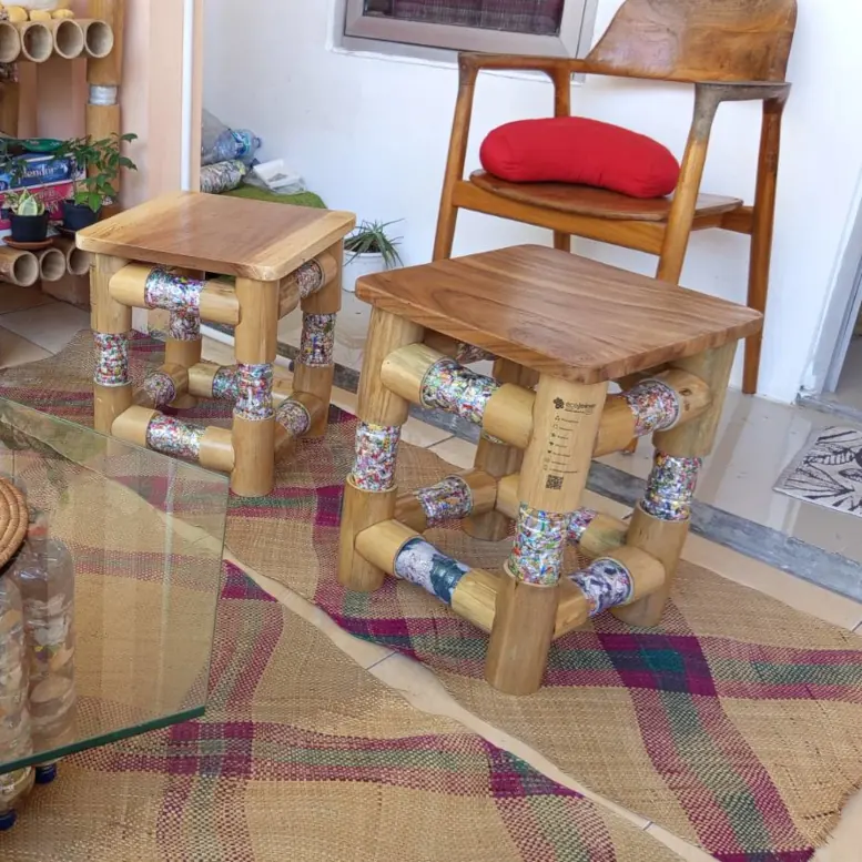 An organic sitting space made with ecobricks, wood and bamboo